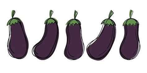 Premium Vector Set Of Cute Cartoon Doodle Eggplants Bright Outline