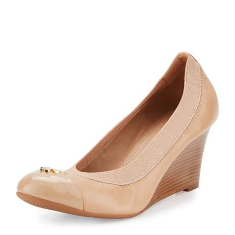 Tory Burch Shoes Tory Burch Logo Mm Jolie Cap Toe Nude Tan Wedge Pump Heels Size Poshmark