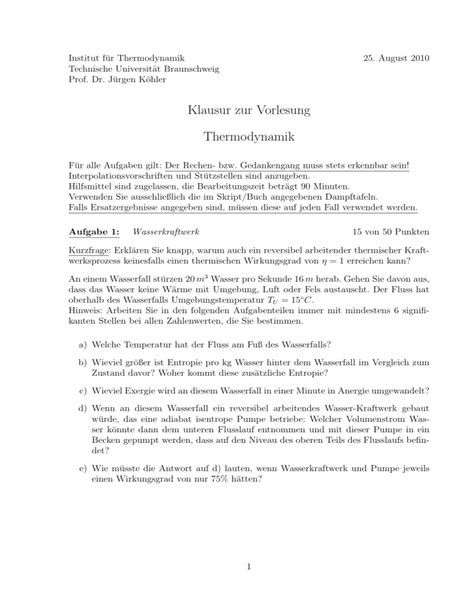 Klausur Zur Vorlesung Thermodynamik