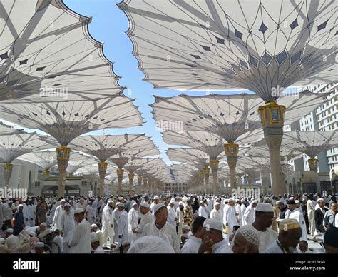 Thousands Of Muslim Hajj Pilgrims Rest And Relax Under The Masjid Nabwi