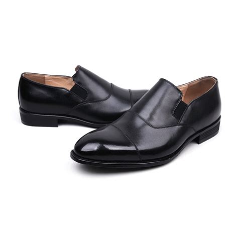 Mens Black Leather Cap Toe Loafers Dress Shoes