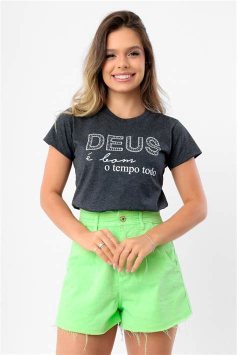 T shirt Deus é Bom o tempo todo Strass Preto Mescla Católicos