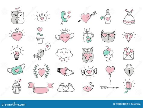 Love Symbols And Hand Drawn Valentines Day Icons Love Doodles Set