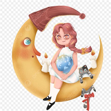 Hand Drawn Moon PNG Transparent Retro Hand Drawn Girl Sitting On The