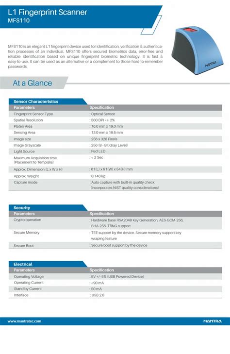 Sensor Type Optical Sensors Mantra Mfs L Fingerprint Scanner At