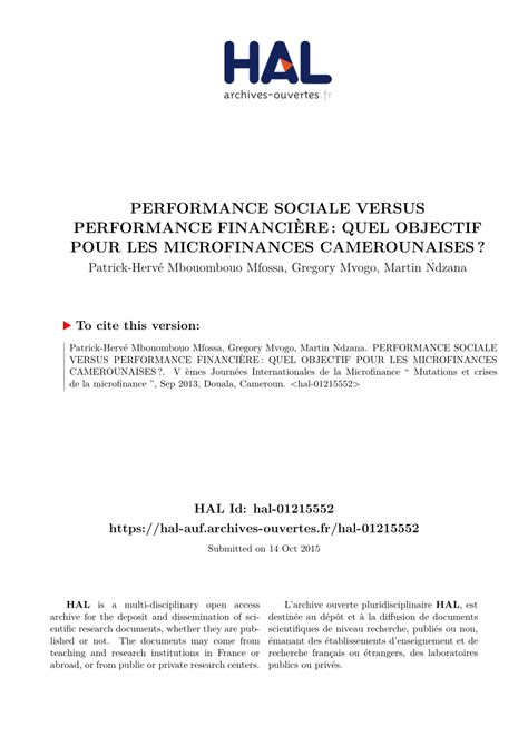 PDF PERFORMANCE SOCIALE VERSUS PERFORMANCE FINANCIÈRE QUEL OBJECTIF