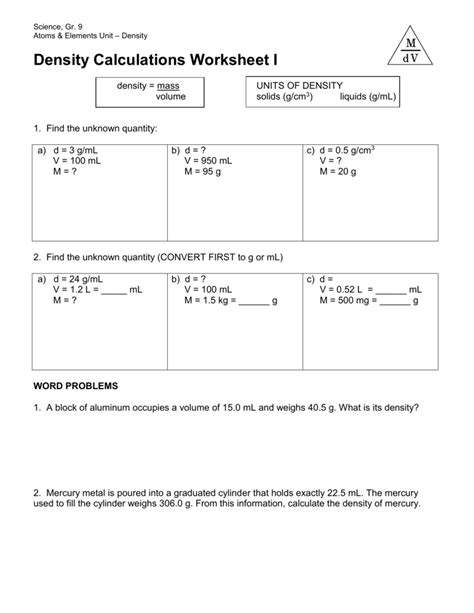 Density Calculations Worksheet 1 Density Worksheets Chemistr