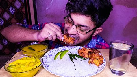 Asmr😍rice Eating With Piyaaj Pakora Daal Jhinge Aloo Posto Curry Mukbang Eating Show Youtube