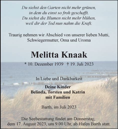 Traueranzeigen Von Melitta Knaak Trauer Anzeigen De