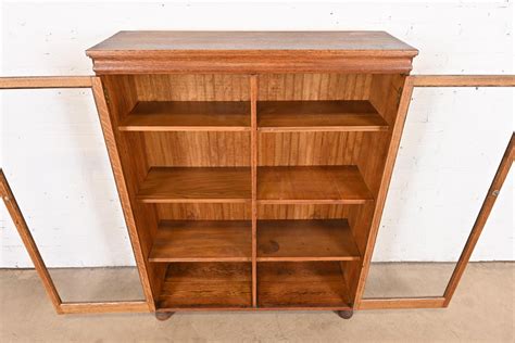 Antique Stickley Style Arts And Crafts Oak Glass Front Double Bookcase