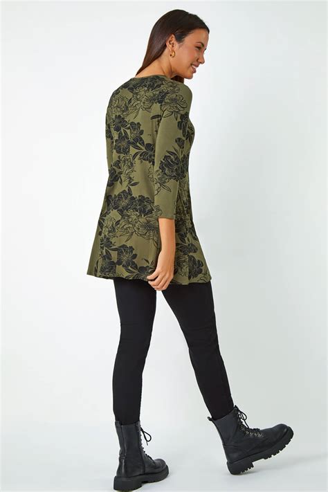 Khaki Floral Print Pocket Swing Stretch Top Roman Uk