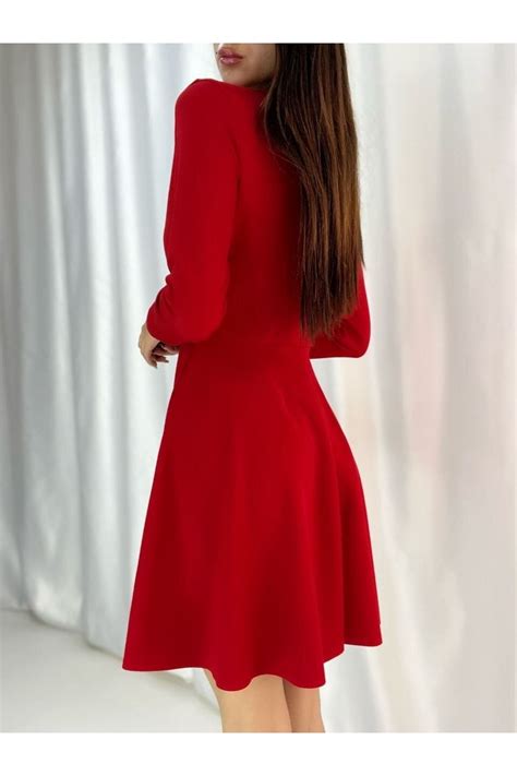 Secret Passion Lingerie Şık Kırmızı Krep Kumaş Kruvaze Yaka Uzun Kollu Kiloş Etek Mini Elbise