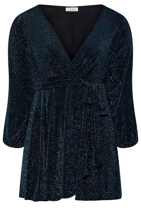 Yours London Plus Size Teal Blue Glitter Wrap Top Yours Clothing