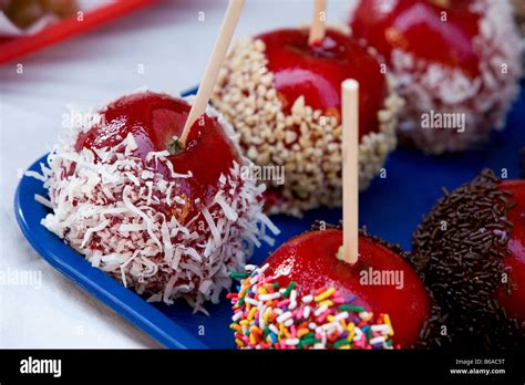 Several different flavors of candy apples at a country fair Stock Photo ...