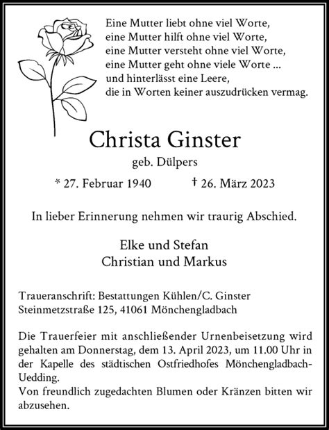 Alle Traueranzeigen F R Christa Ginster Trauer Rp Online De