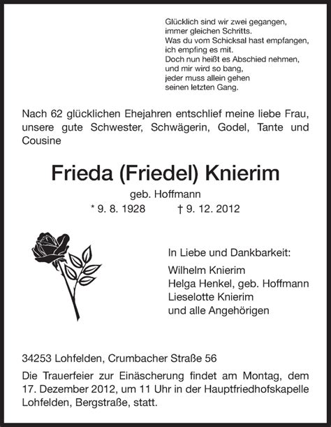 Traueranzeigen Von Frieda Knierim Trauer Hna De