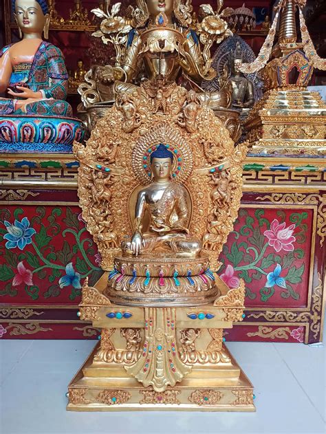 Buddhist Handmade Statue Of Shakyamuni Buddha On Throne Face Painted