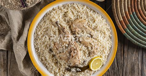 A dish of popular rice with chicken, dazzling rice, traditional Arabic ...