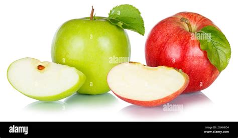 Apples Fruits Red Green Apple Fruit With Leaves Isolated On A White