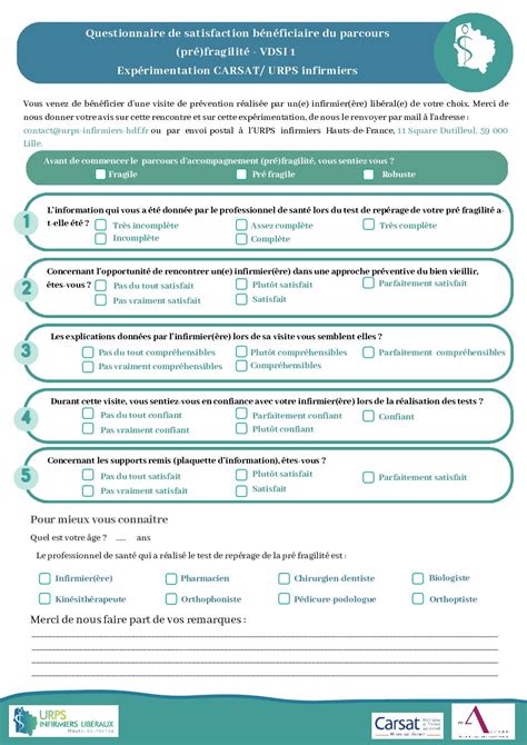 Questionnaire De Satisfaction B N Ficiaire Du Parcours Pr Fragilit