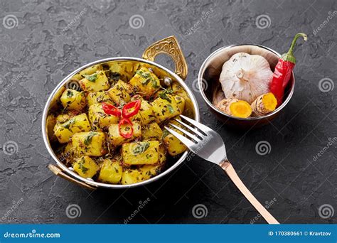 Aloo Methi In Copper Kadai Bowl Isolated At White Background Aloo