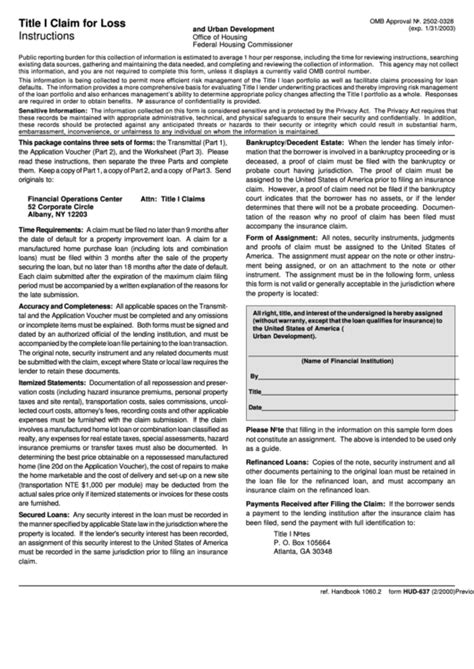 Form Hud Title I Claim For Loss U S Department Of Housing And