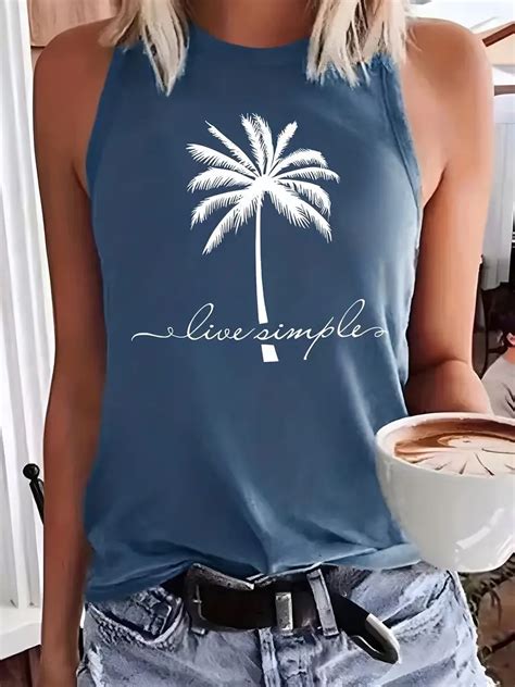 Coconut Tree Graphic Letter Print Crew Neck Tank Top Casual Temu