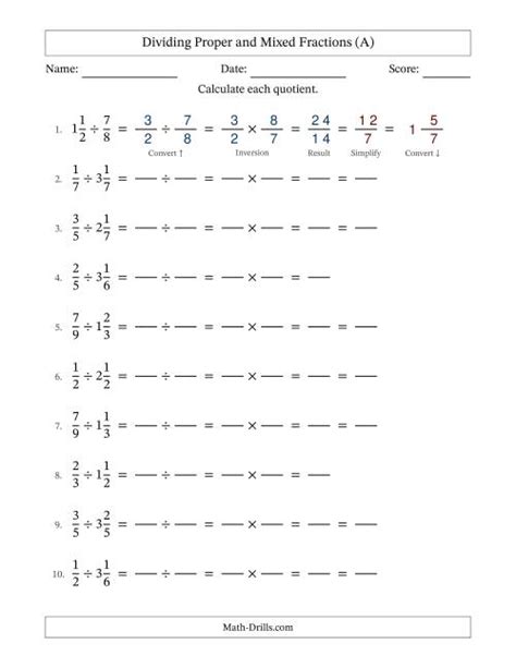 Dividing Proper And Mixed Fractions With Some Simplifying Fillable All