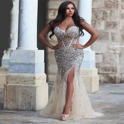 Luxury Crystal Evening Dresses 2017 Split Side Corset Beaded Rhinestone