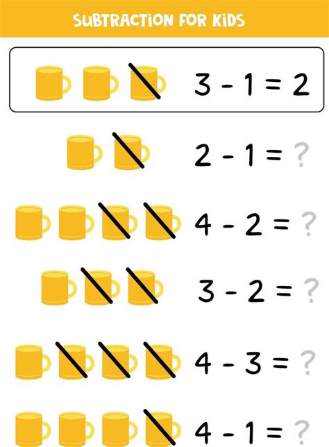 Subtraction with yellow mug. Educational math game for kids. 8520277 Vector Art at Vecteezy