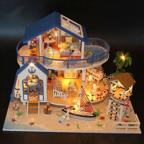 Diy Led Dollhouse Sea Miniature Villa With Furniture Wooden House Room