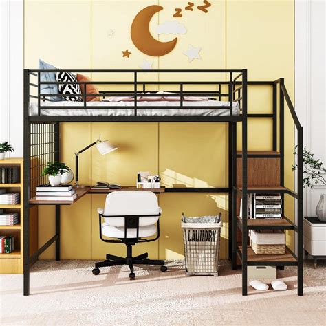 Harper Bright Designs Black Full Size Metal Loft Bed With Built In