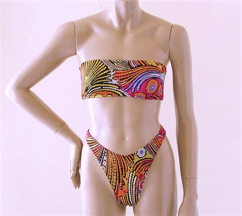 80s 90s High Leg Thong Bikini Bottom And Strapless Bandeau Top In Mosaic Print In S M L Xl Etsy