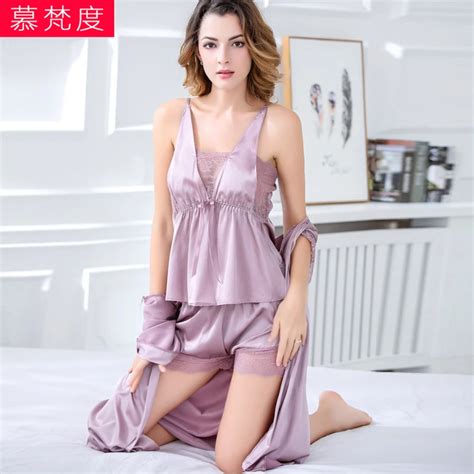 Pajamas Female Sexy Satin Silk Sleepwear Women Three Piece Pyjama Sets