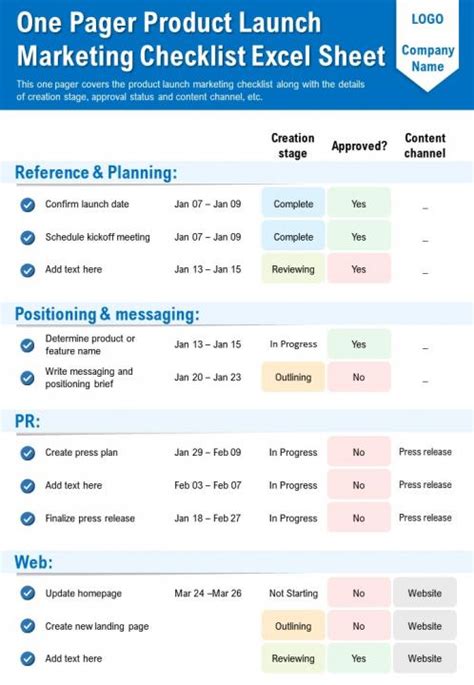 One Pager Product Launch Checklist Excel Sheet Presentation Report