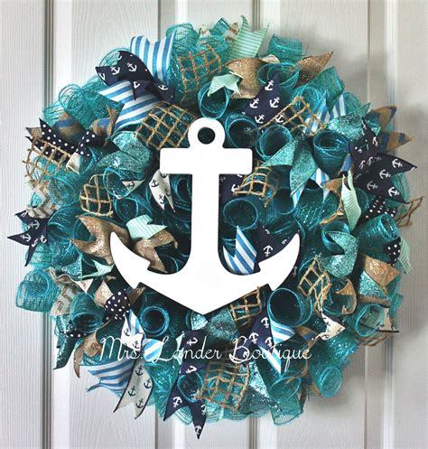 Teal And Navy Blue Nautical Wreath Anchor Wreath Beach Etsy