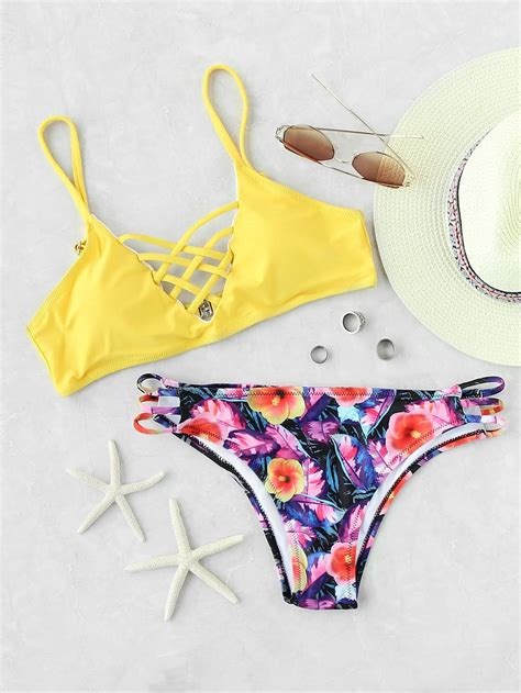 Floral Print Lattice Front Mix Match Bikini Set Shein Sheinside