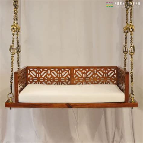 Teak Wood Traditional Carved Swing Oonjal Jhula With Backrest And Side