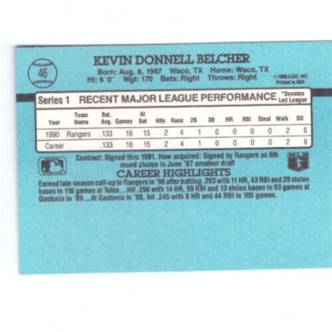 1991 Donruss Baseball Card 46 Kevin Belcher Rangers Rated Rookie Ebay