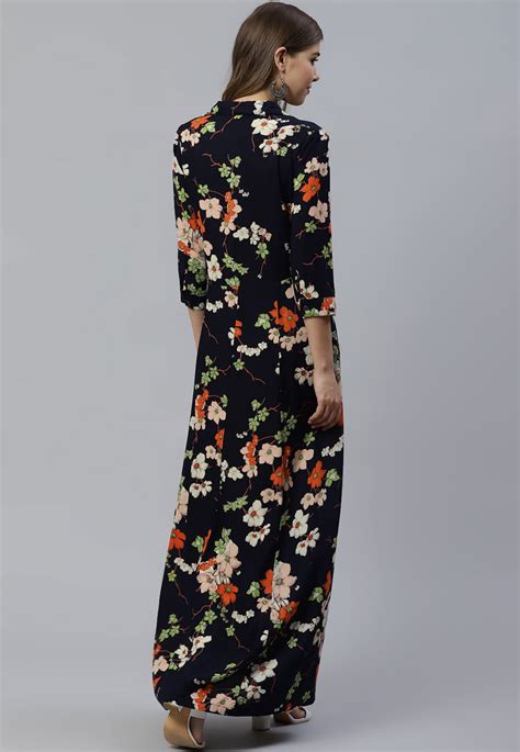 Printed Viscose Rayon Maxi Dress In Navy Blue Tkv99