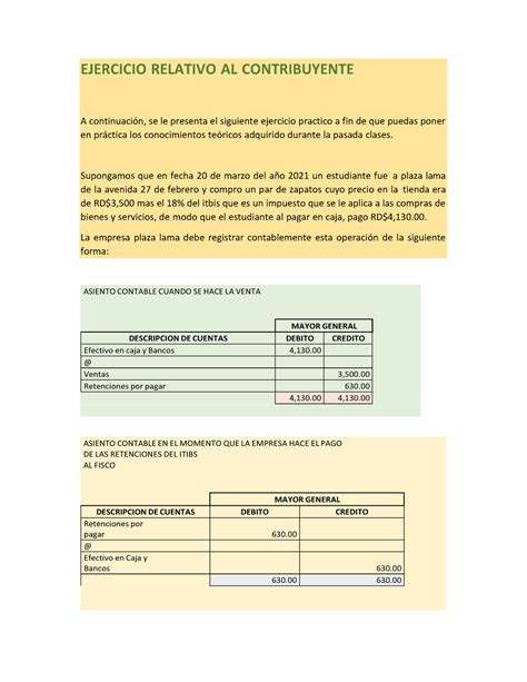 Ejercicio Sobre EL Contribuyente ASIENTO CONTABLE CUANDO SE HACE LA