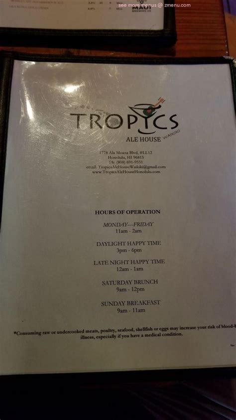 Menu at Tropics Restaurant & Craft House, Honolulu