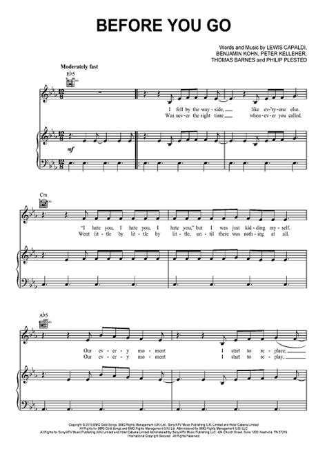 Buy Before You Go Sheet Music By Lewis Capaldi For Pianovocalchords