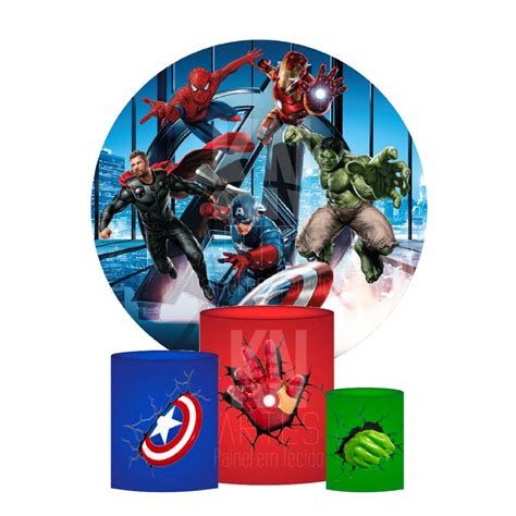 Kit Painel Redondo Trio Capa De Cilindro Vingadores