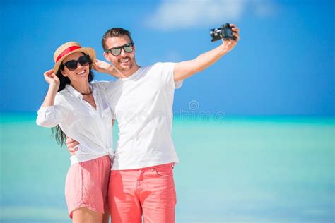 Happy Couple Taking A Selfie Photo On White Beach Two Adults Enjoying