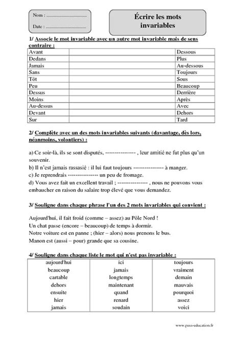 Mots invariables Cm2 Exercices corrigés Orthographe Cycle 3