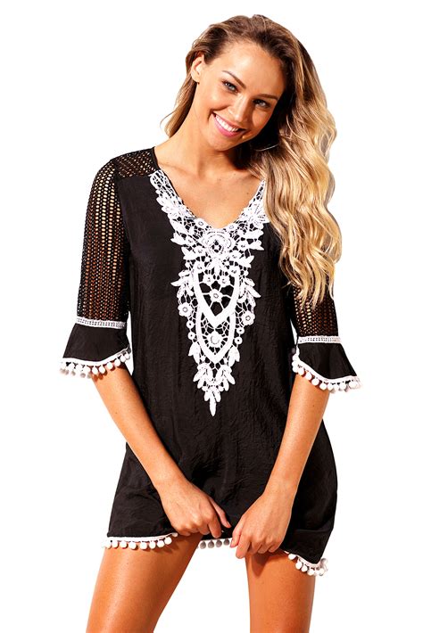 Us 759 Drop Shipping Black Crochet Pom Pom Trim Beach Tunic Cover Up