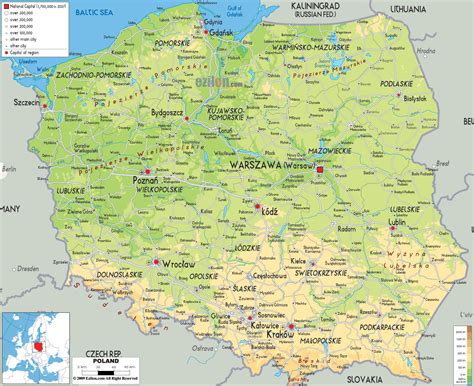 Large detailed physical map of Poland with all cities, roads and ...