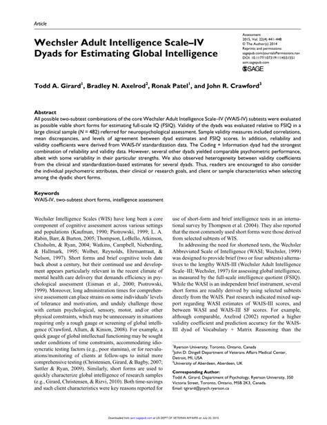Pdf Wechsler Adult Intelligence Scale Iv Dyads For Estimating Global