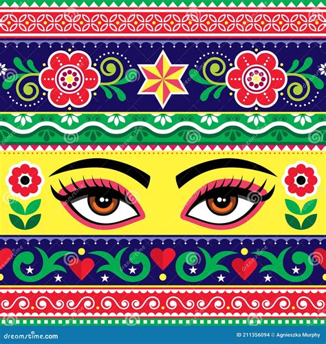 Pakistani Or Indian Truck Art Vector Seamless Pattern With Female Eyes